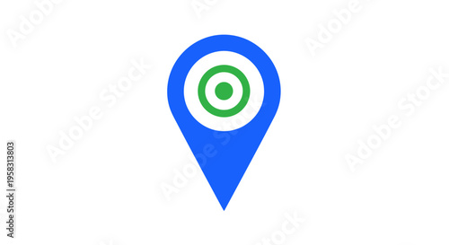 Blue map pin icon with concentric green circles on white background