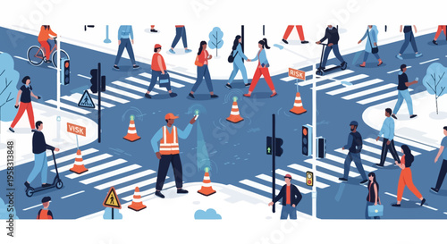 Busy city street intersection with pedestrians and traffic cones.