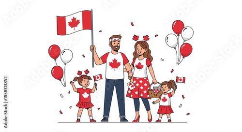 Canadian Family Celebrating National Holiday with Flags and Balloons