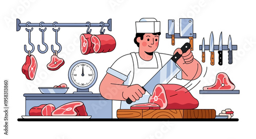 Butcher cutting meat with knife in shop.