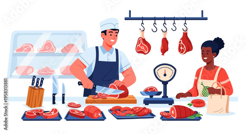 Butcher shop scene with diverse customers and staff.