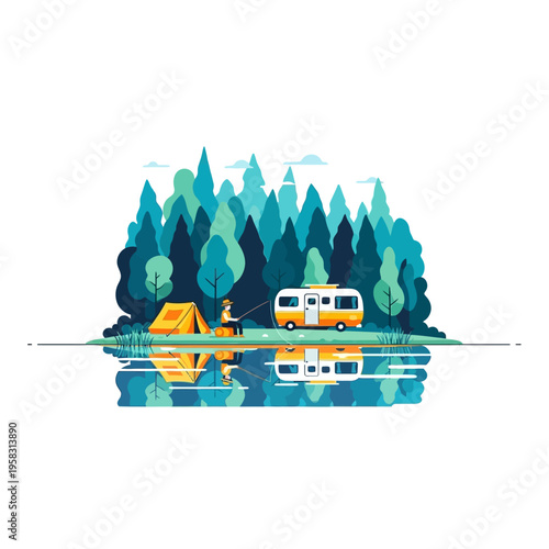 Camper van and tent by lake with person fishing.
