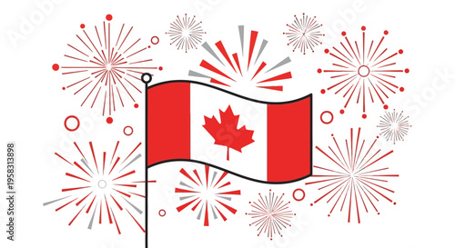 Canadian Flag Waving with Fireworks Celebration