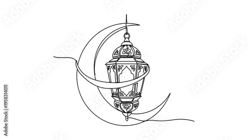 Traditional Hanging Lantern with Crescent Continuous Line Art – Islamic Festival Minimal Illustration