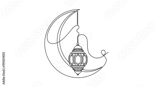 Cute Hanging Lantern with Crescent and Stars Continuous Line Art – Festive Islamic Vector Illustration