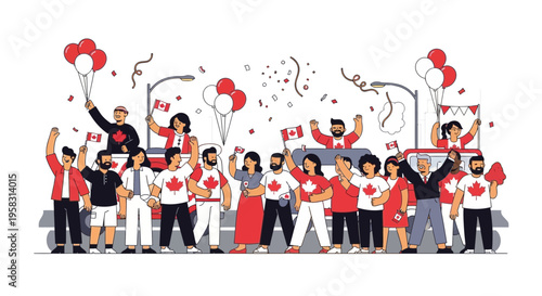 Canadian National Day Celebration: Diverse People Waving Flags and Balloons