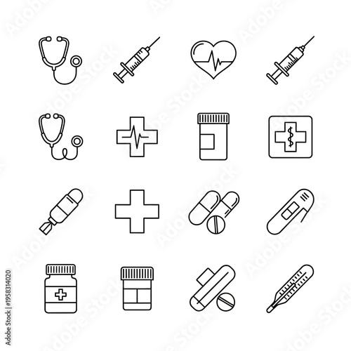 Medical Icons Set: Stethoscope, Syringe, Heart, Pills, Thermometer, Cross, Pharmacy Jar