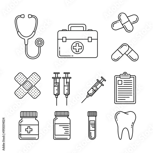 Medical Icons Set: Stethoscope, Syringe, Pills, Bandage, First Aid Kit, Tooth, Test Tube