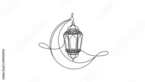 Geometric Hanging Lantern with Crescent Continuous Line Art – Minimal Islamic Vector Illustration