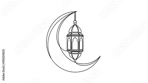 Minimal Hanging Lantern with Crescent and Flowing Line – Islamic Night Vector Illustration