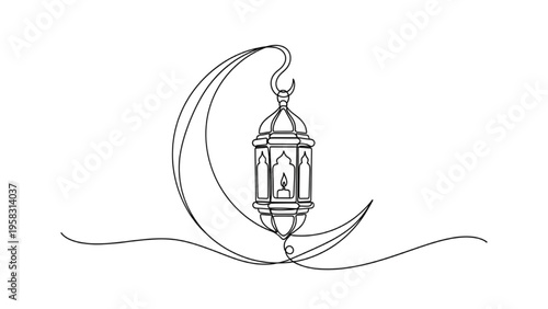 Front View Hanging Lantern with Crescent Continuous Line Art – Islamic Festival Minimal Illustration