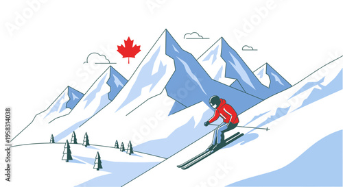 Canadian Skier Descends Snowy Mountain Slope with Maple Leaf Flag