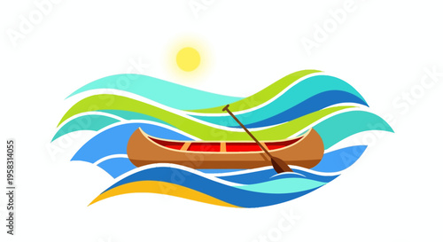 Canoe Paddled Through Stylized Wavy Waters Under Sun.