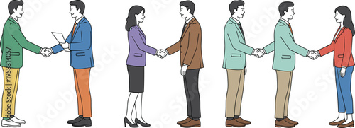 Set of diverse business professionals shaking hands and closing deals isolated on white background.