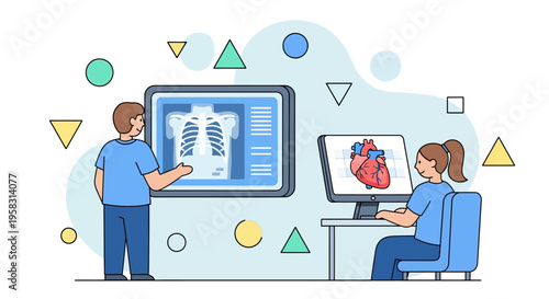 Medical professionals analyzing X-ray and heart scan on digital screens, modern healthcare concept