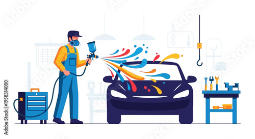 Car painting process with colorful paint splashes.