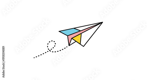 Colorful Paper Airplane Flying with Dotted Line Trail, Creativity and Travel Concept