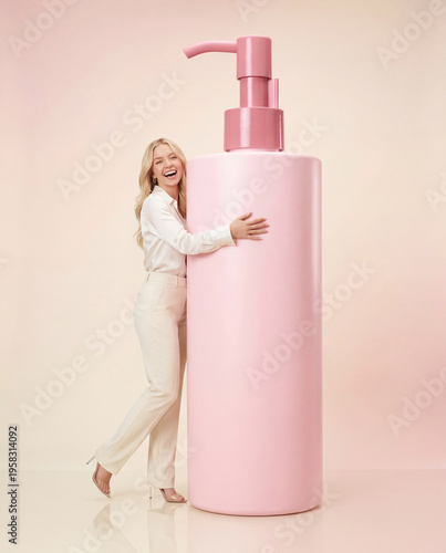 Belle femme qui tient un spray cosmétique géant sur fond rose en studio
