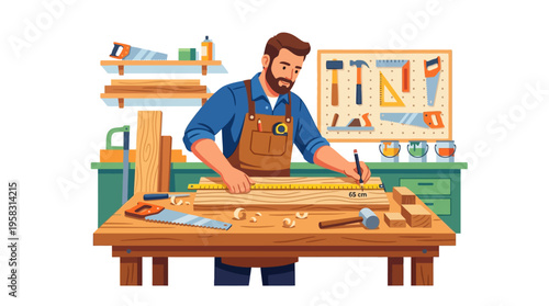 Carpenter working diligently at his workbench with wood and tools.
