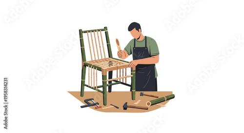 Carpenter meticulously crafting a wooden chair with tools.