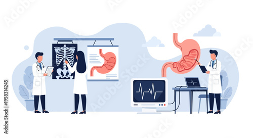 Doctors examine X-rays and stomach anatomy, illustrating medical diagnosis and healthcare.