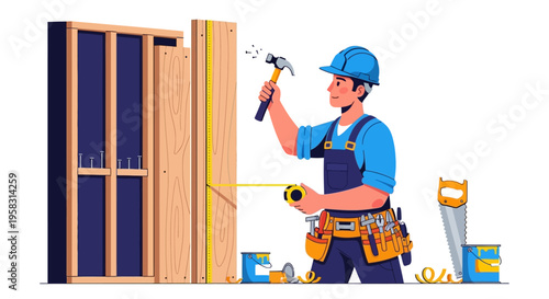 Carpenter working on wooden frame construction with tools.