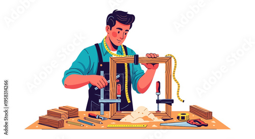 Carpenter working on a wooden frame with tools.