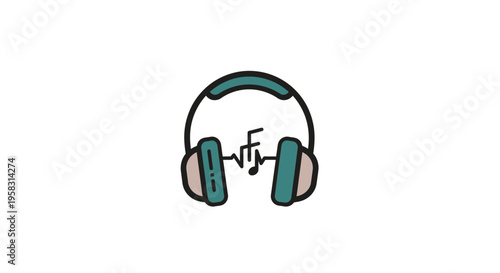Doodle headphones with musical note and sound wave, vector illustration