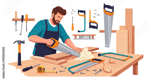 Carpenter working with a saw on wood.