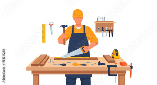 Carpenter working with saw on wooden planks at workbench.