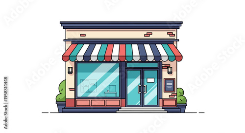 Charming Storefront with Colorful Awning and Large Windows.