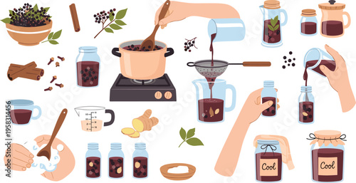 Homemade elderberry syrup making process vector set with cooking steps, jars and ingredients, natural herbal remedy preparation collection isolated on white background