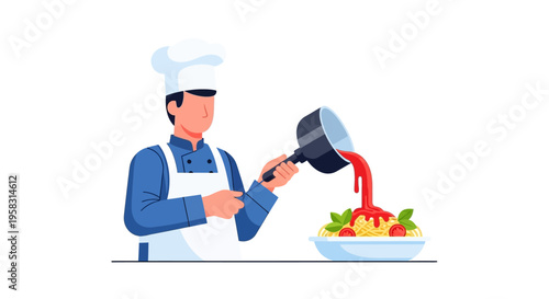 Chef preparing delicious Italian pasta dish with tomato sauce.