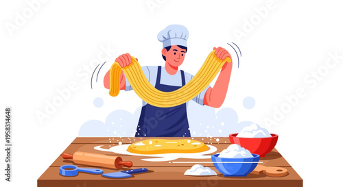 Chef preparing fresh pasta dough with skill and dedication.