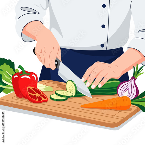 Chef preparing fresh vegetables on a wooden cutting board.