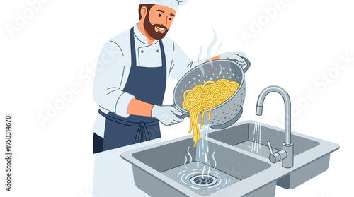 Chef Rinsing Pasta in a Double Kitchen Sink.