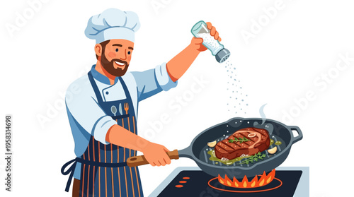 Chef seasoning steak in a cast iron pan on a stove.