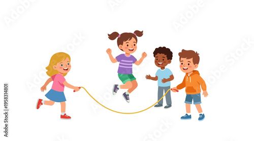 Children happily playing jump rope together outdoors.
