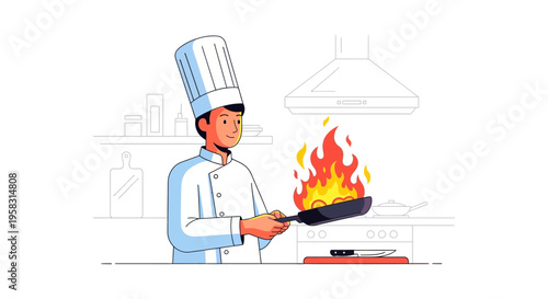 Chef cooking with flames in a professional kitchen setting.