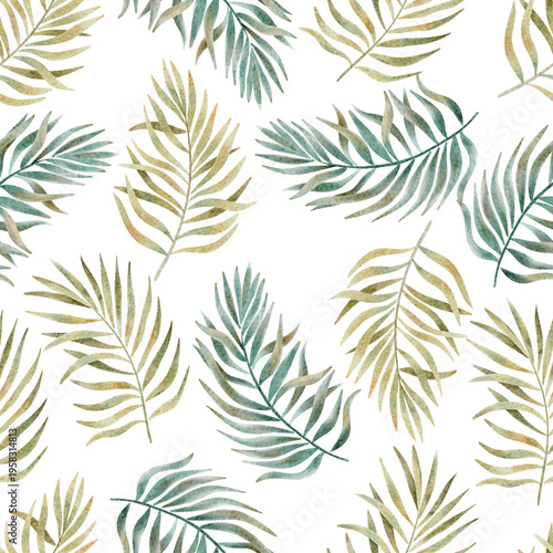 Seamless watercolor pattern with tropical palm leaves