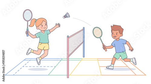 Children playing badminton game on court with net.