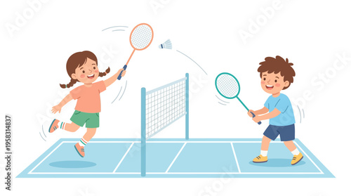 Children playing badminton game on court.