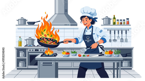 Chef cooking with flames in a professional kitchen setting.