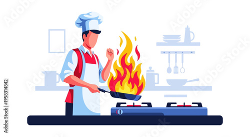 Chef cooking with flames in a pan.