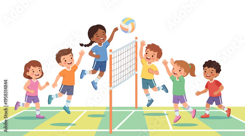 Children playing volleyball game on court.