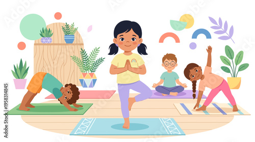Children practicing yoga poses in a bright room.