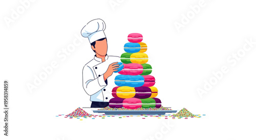 Chef Decorating a Tall Stack of Colorful Macarons.