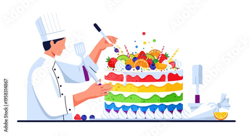 Chef decorating a vibrant rainbow layer cake with fresh fruit.