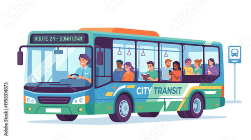 City transit bus with diverse passengers inside.