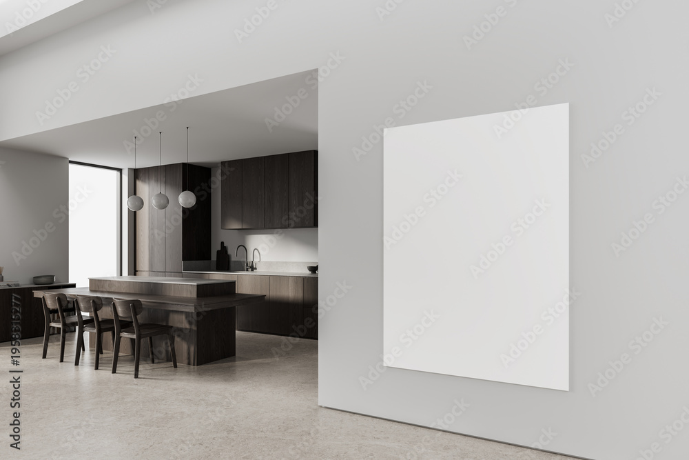 Fototapeta premium Modern interior kitchen scene with blank wall poster mockup displayed in clean minimalist design environment area.